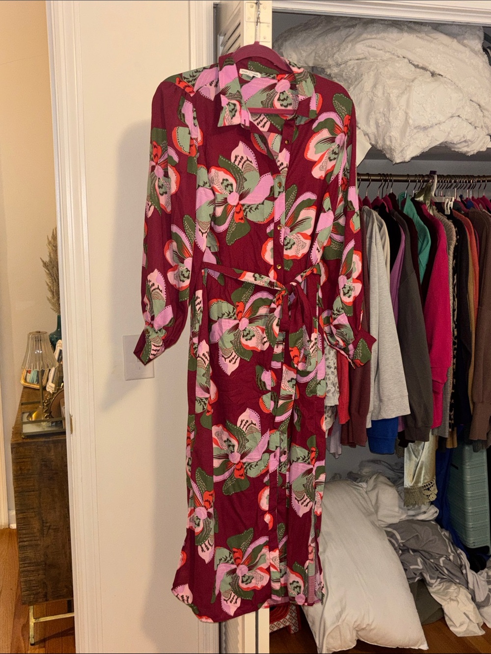 Floral Button-Front Burgundy & Pink dress